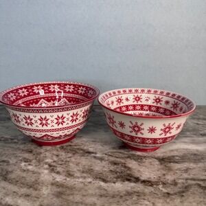 Cordon Bleu BIA Red‎ White Snowflake Holiday Porcelain Nesting Bowls Set of 2